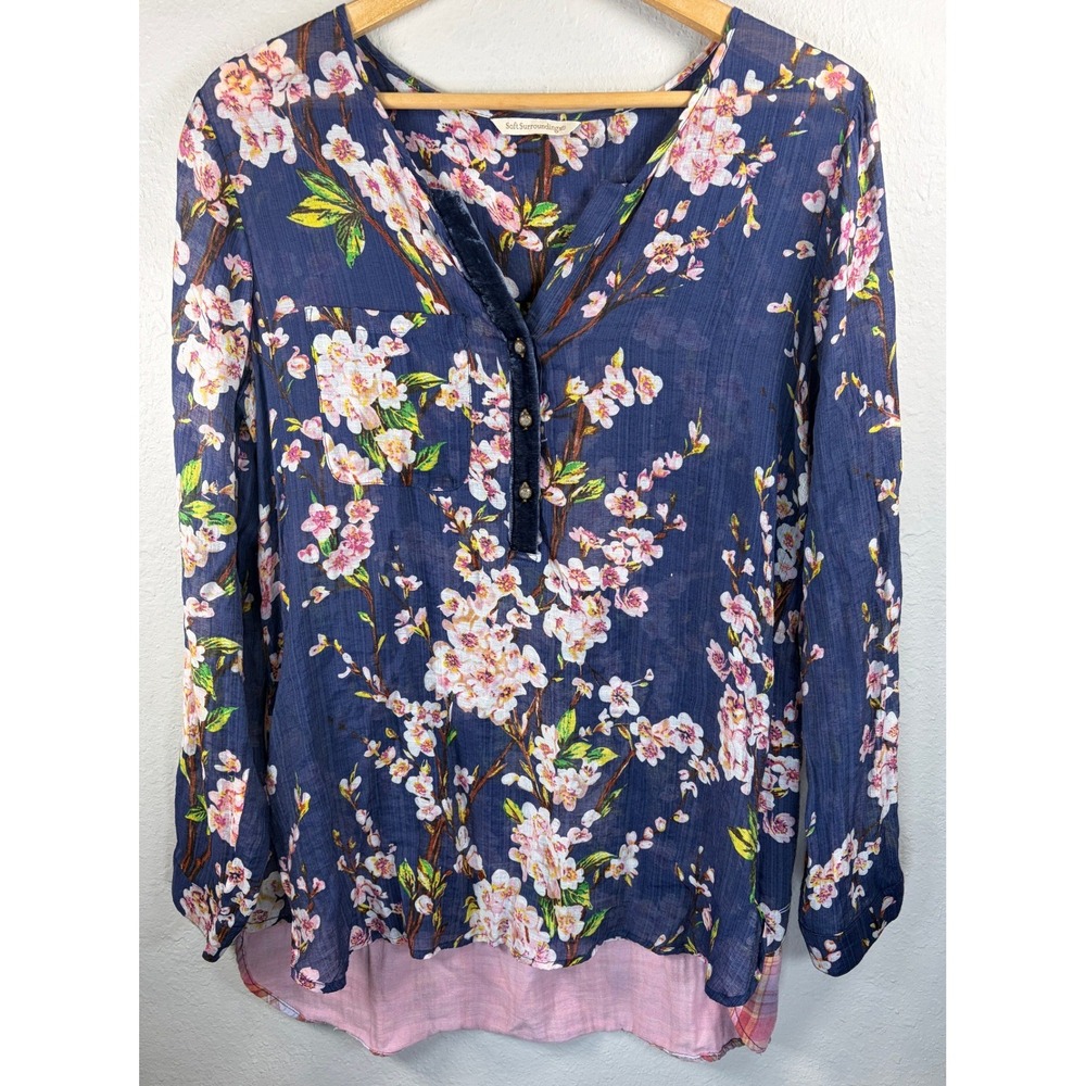 Soft Surroundings Womens Adele Cherry Blossom Floral Blouse M Blue Mixed Media